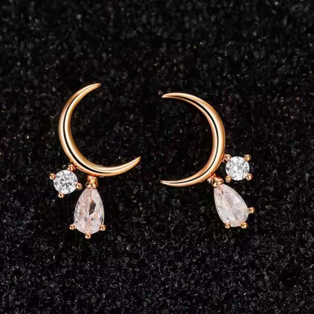 “Tears from the Moon” Crescent Sliver Dripping Crystals Swarovski Tiny 14K Studs - Picture 5 of 12